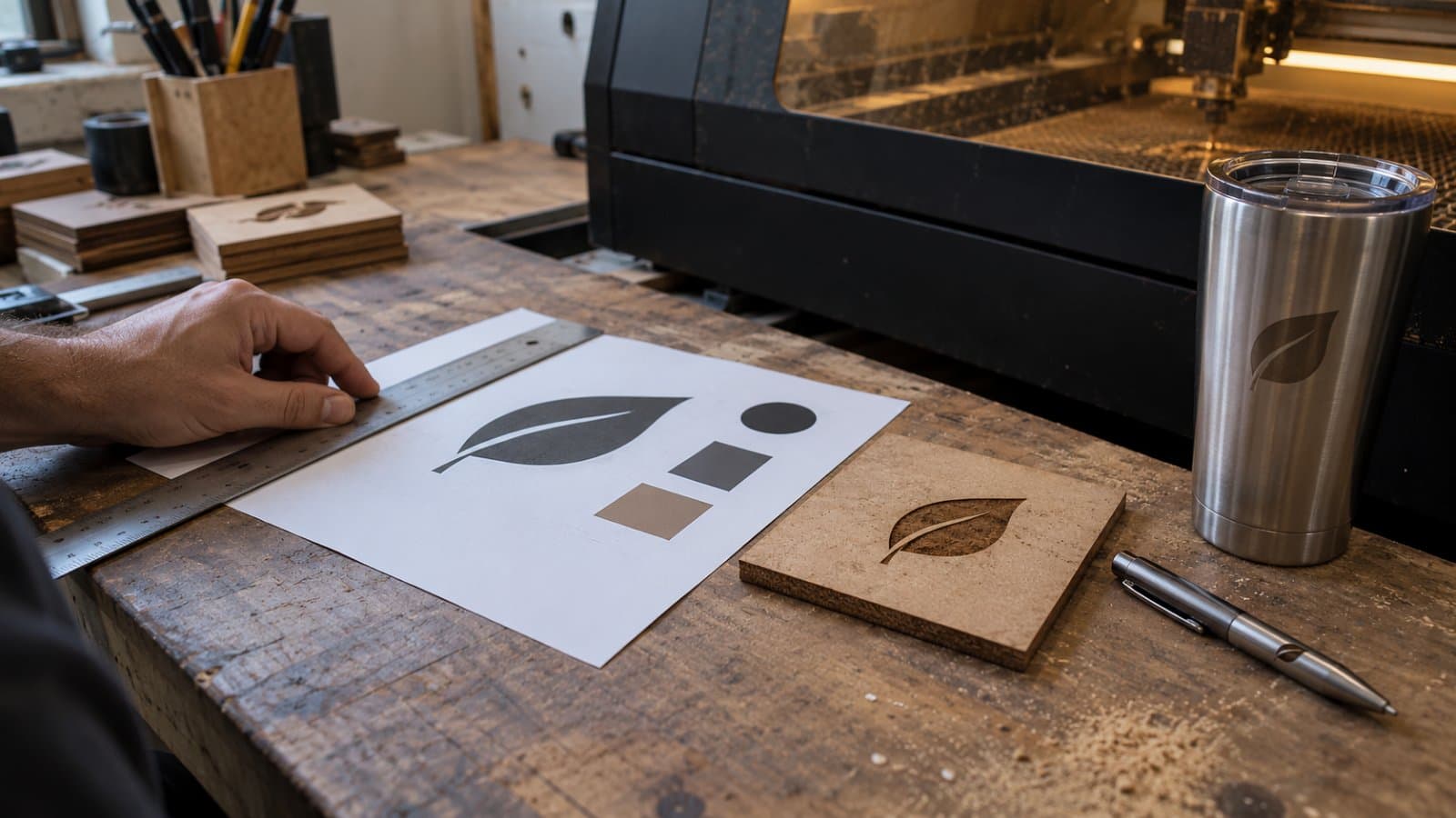 Mão confere com uma régua a prova de arte impressa ao lado de amostras gravadas a laser — placa de MDF, copo inox e caneta — com a máquina de laser ao fundo
