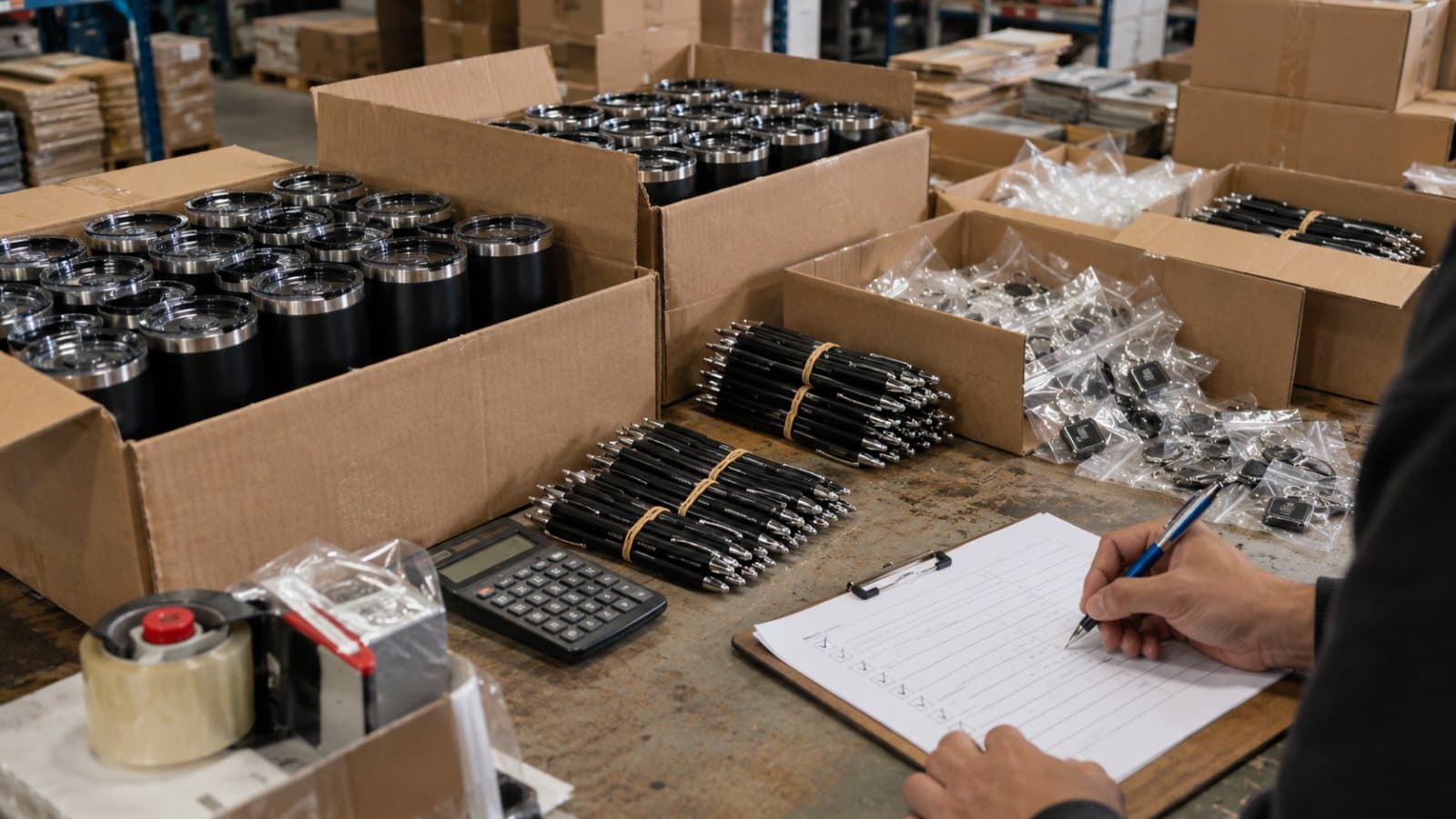 Caixas de papelão com copos térmicos, feixes de canetas e chaveiros embalados; uma mão marca a lista de conferência ao lado de uma calculadora
