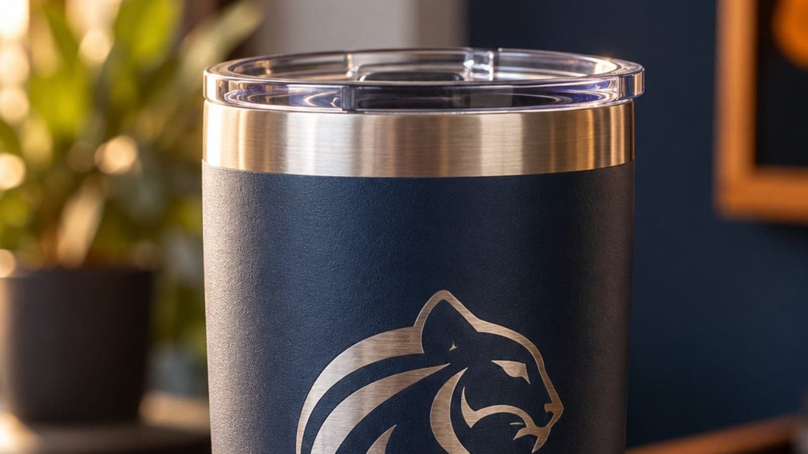 Copo térmico azul-marinho com logo gravado a laser sobre mesa de madeira