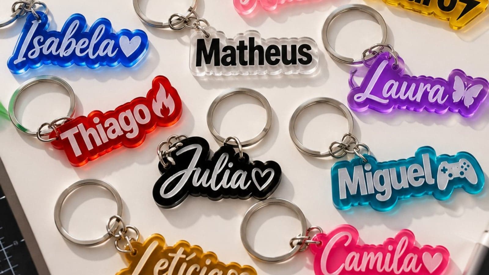 Chaveiros de acrílico coloridos com nomes, cortados a laser