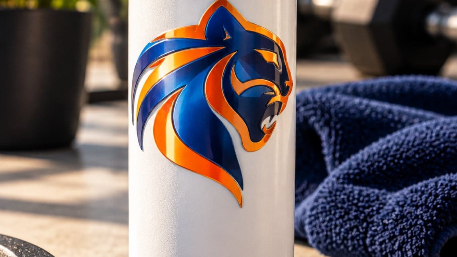 Garrafa branca com logo colorido de leão aplicado em DTF UV