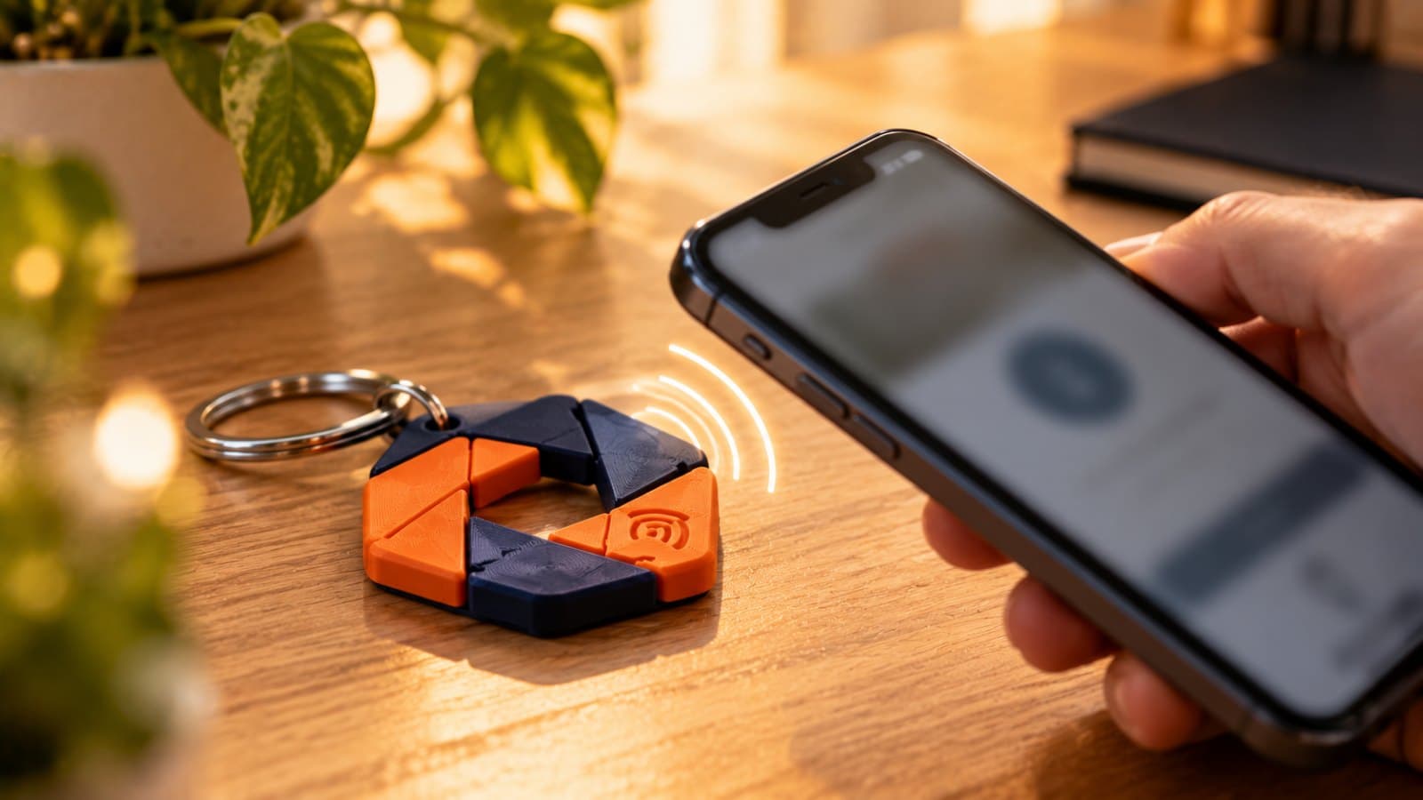 Chaveiro NFC impresso em 3D com logo sendo encostado na parte de trás de um celular que abre um perfil do Instagram