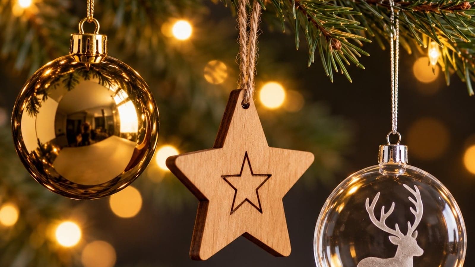 Enfeites de Natal na árvore: bola dourada, estrela de madeira e bola transparente com rena gravada