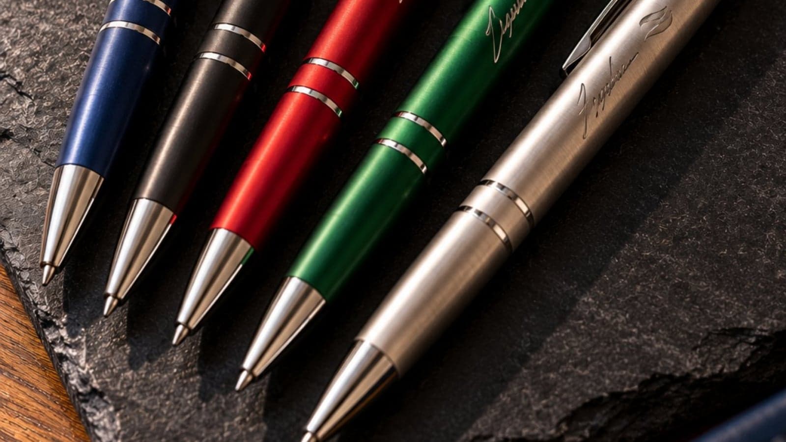 Canetas de metal coloridas com nomes gravados a laser