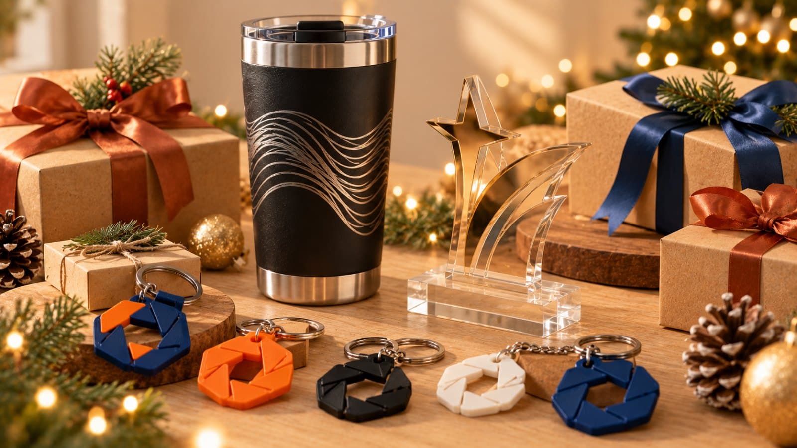 Mesa com brindes de fim de ano personalizados: copo térmico gravado, caneta de metal, caderno e caixa de MDF