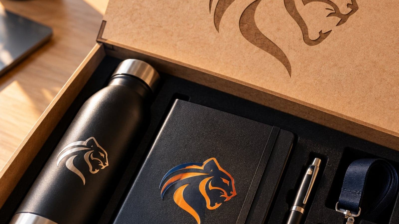 Kit em caixa de MDF com garrafa térmica, caderno e caneta com o logo