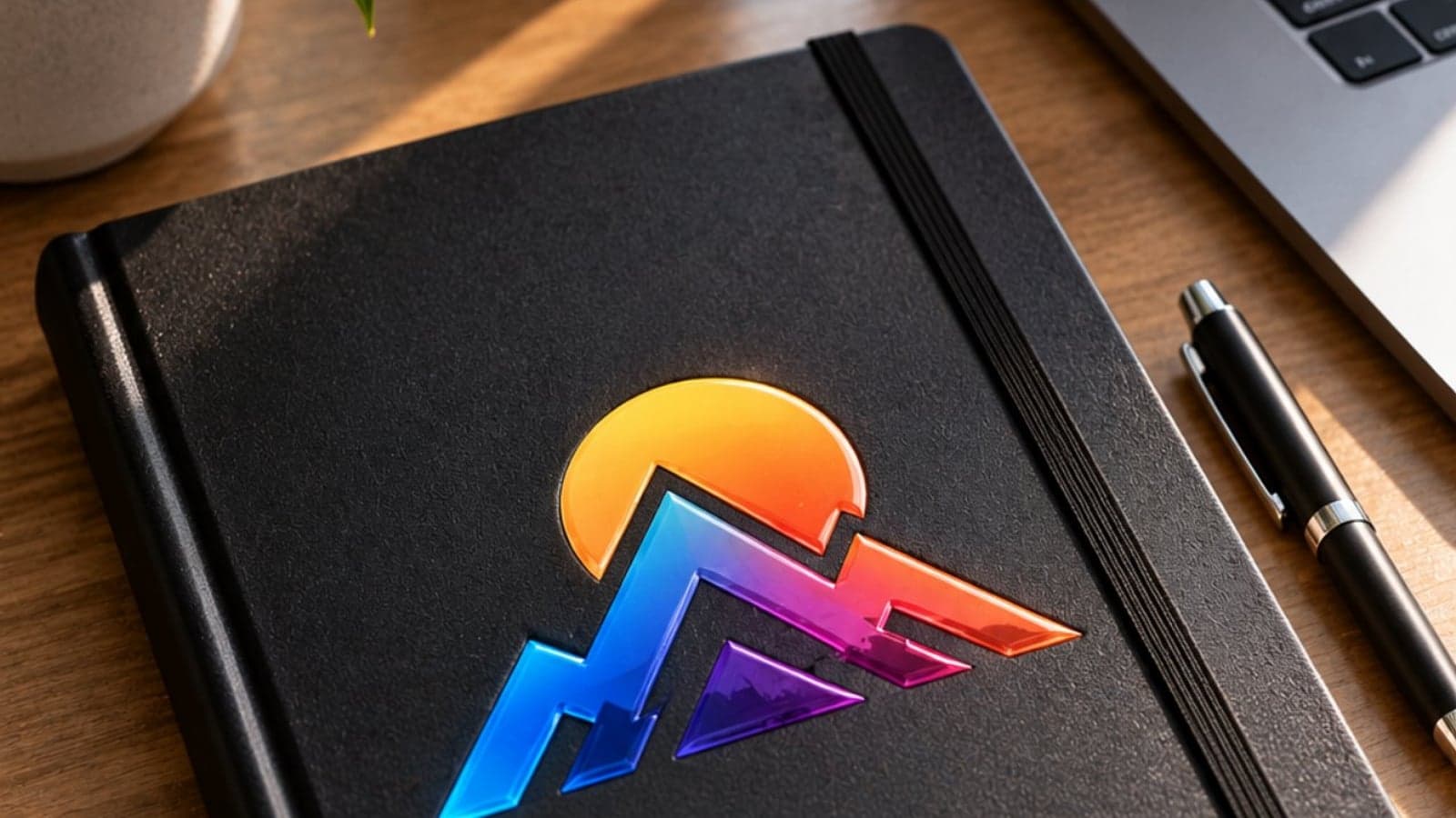 Caderno preto com logo colorido aplicado em DTF UV ao lado de uma caneta