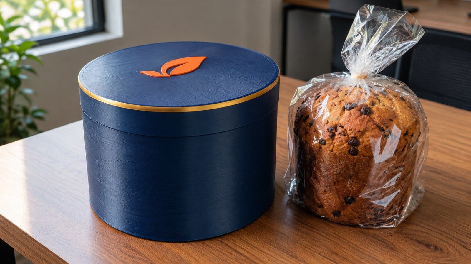 Lata redonda azul-marinho impressa em 3D com logo laranja na tampa, ao lado de um panetone no saco plástico, sobre mesa de madeira