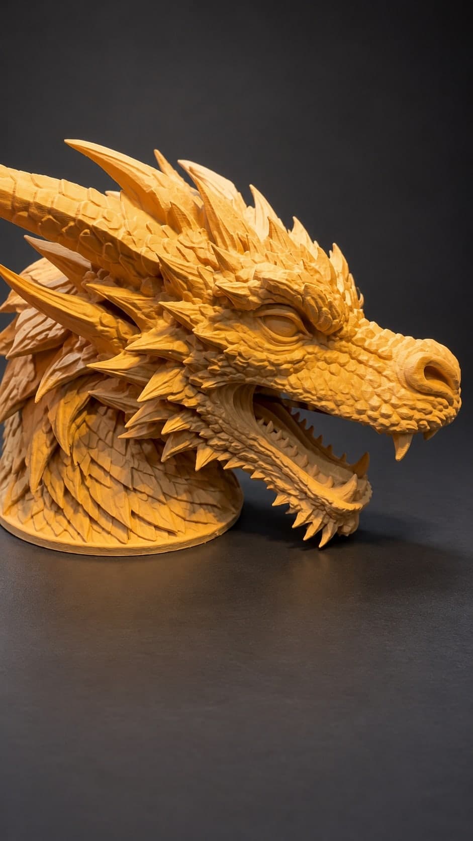 Busto de dragão impresso em 3D em tom caramelo, de boca aberta, com escamas e chifres detalhados
