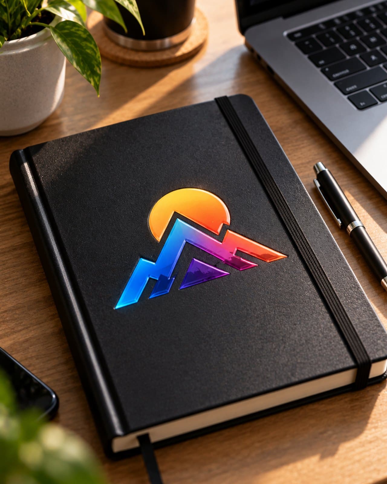 Caderno de capa preta com logo colorido brilhante em DTF UV