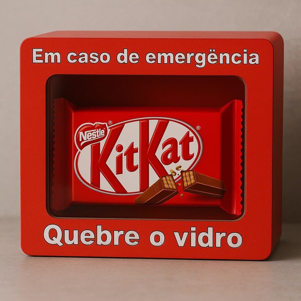Caixa vermelha escrita “Em caso de emergência” e “Quebre o vidro”, com janela transparente e um chocolate dentro