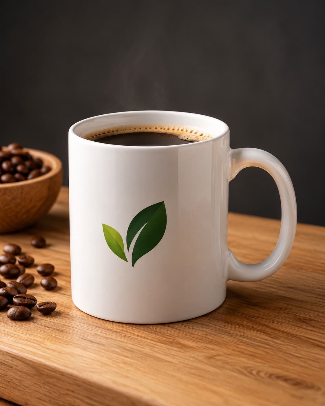 Caneca branca de cerâmica com um logo de folha, ao lado de grãos de café sobre madeira