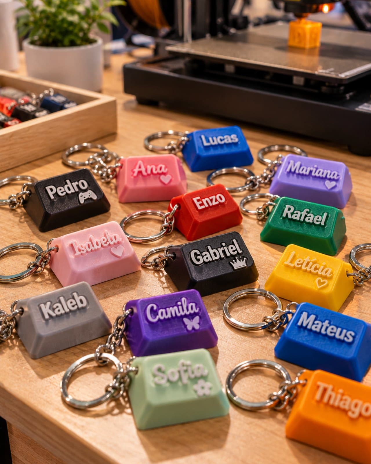 Chaveiros clicker coloridos impressos em 3D, cada um com um nome em relevo, sobre um balcão de evento