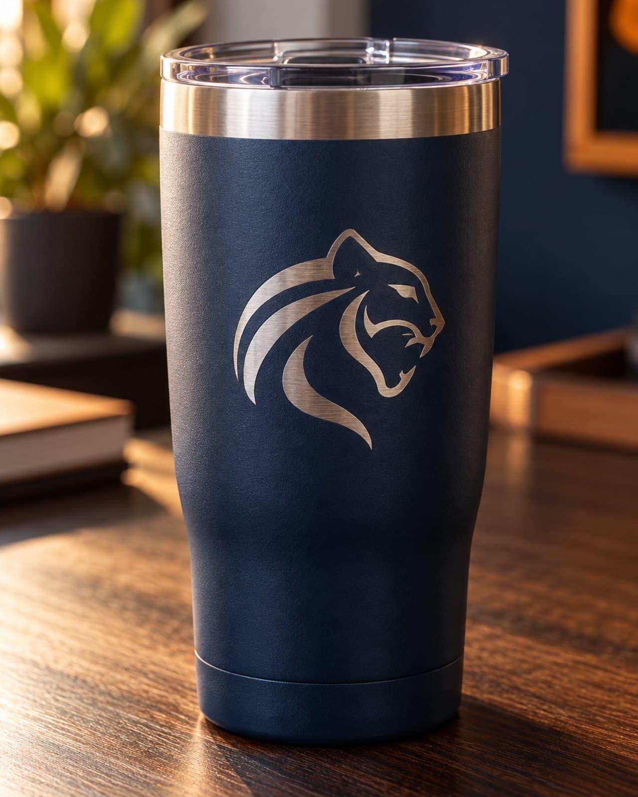 Copo térmico azul-marinho com logo gravado a laser revelando o inox prateado