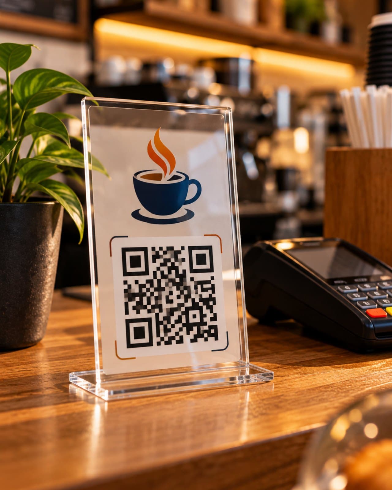 Display de acrílico transparente com QR Code sobre balcão de loja