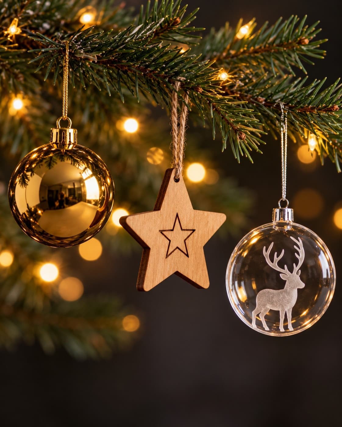Enfeites de Natal pendurados num galho de pinheiro: bola dourada, estrela de MDF gravada e bola de acrílico com uma rena gravada