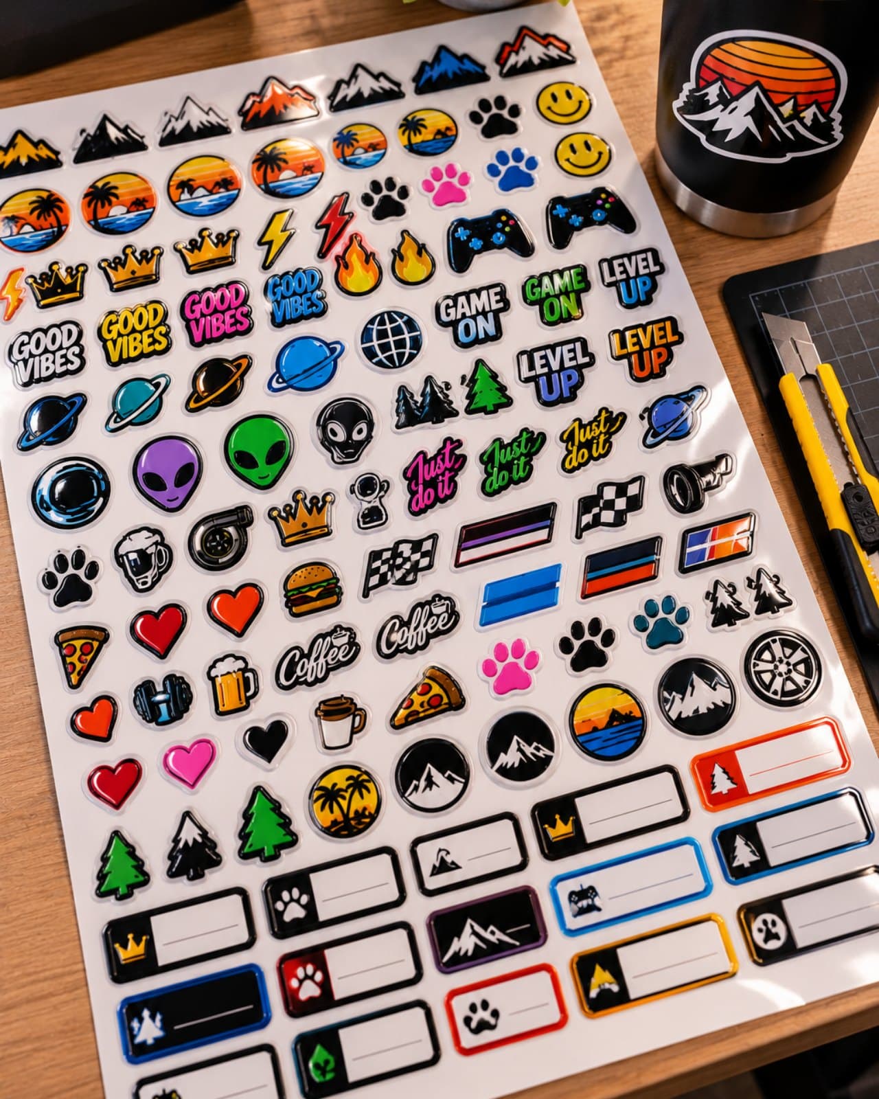 Folha de DTF UV tamanho A3 cheia de logos e adesivos coloridos com brilho, sobre uma mesa de trabalho