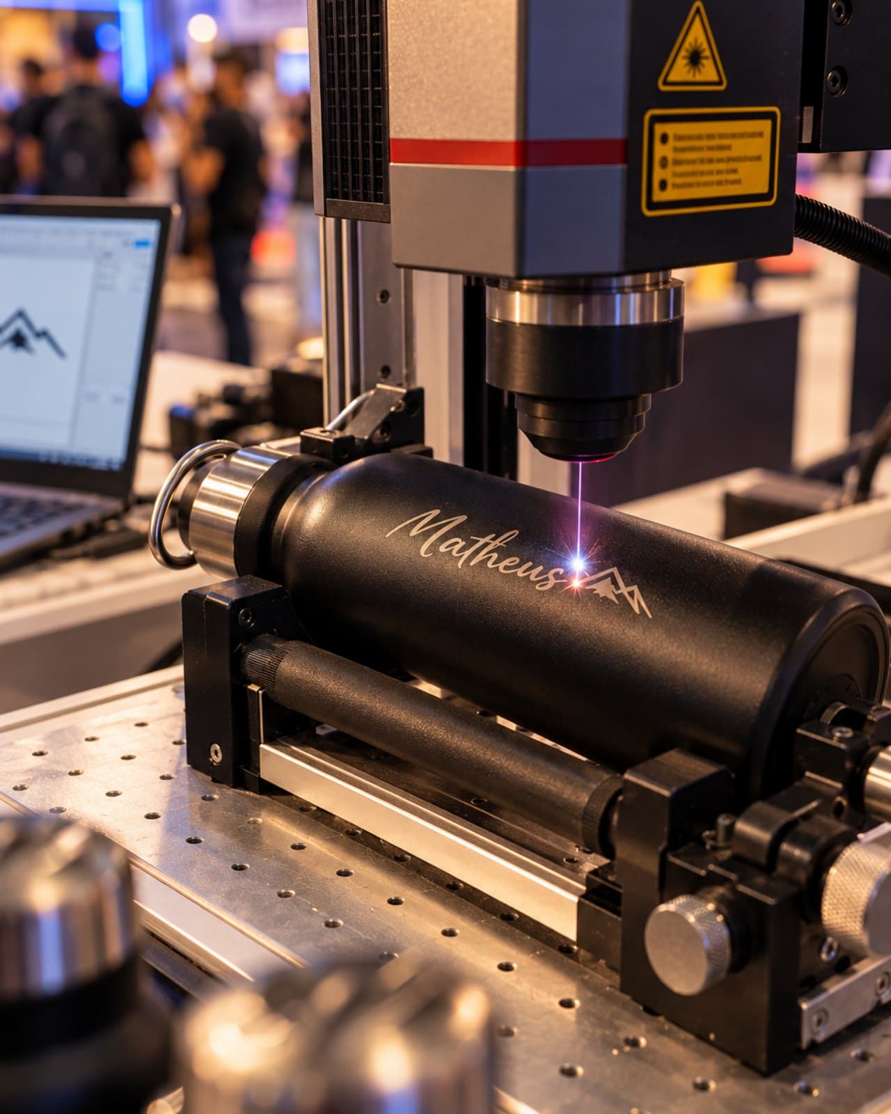 Garrafa de alumínio sendo gravada com um nome na fiber laser, num estande de evento