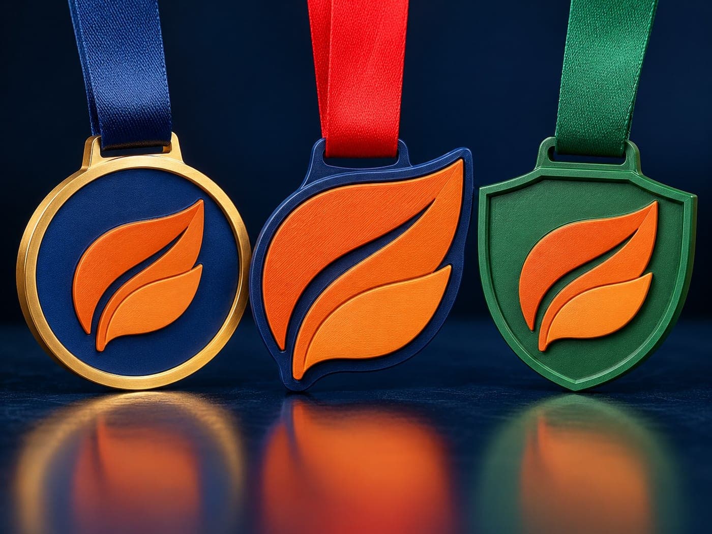 Três medalhas impressas em 3D, coloridas, uma no formato de uma folha, com fitas lisas azul, vermelha e verde