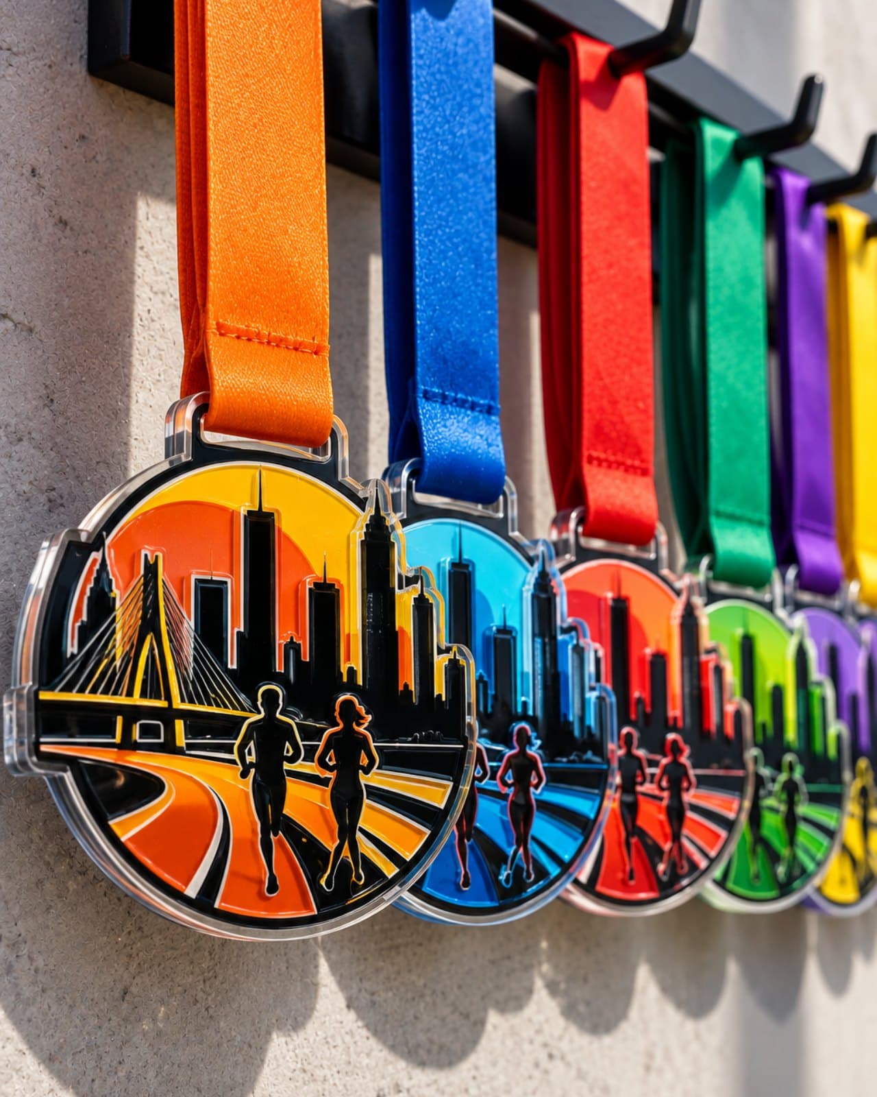 Medalhas de acrílico coloridas com fitas, cortadas a laser para uma corrida de rua