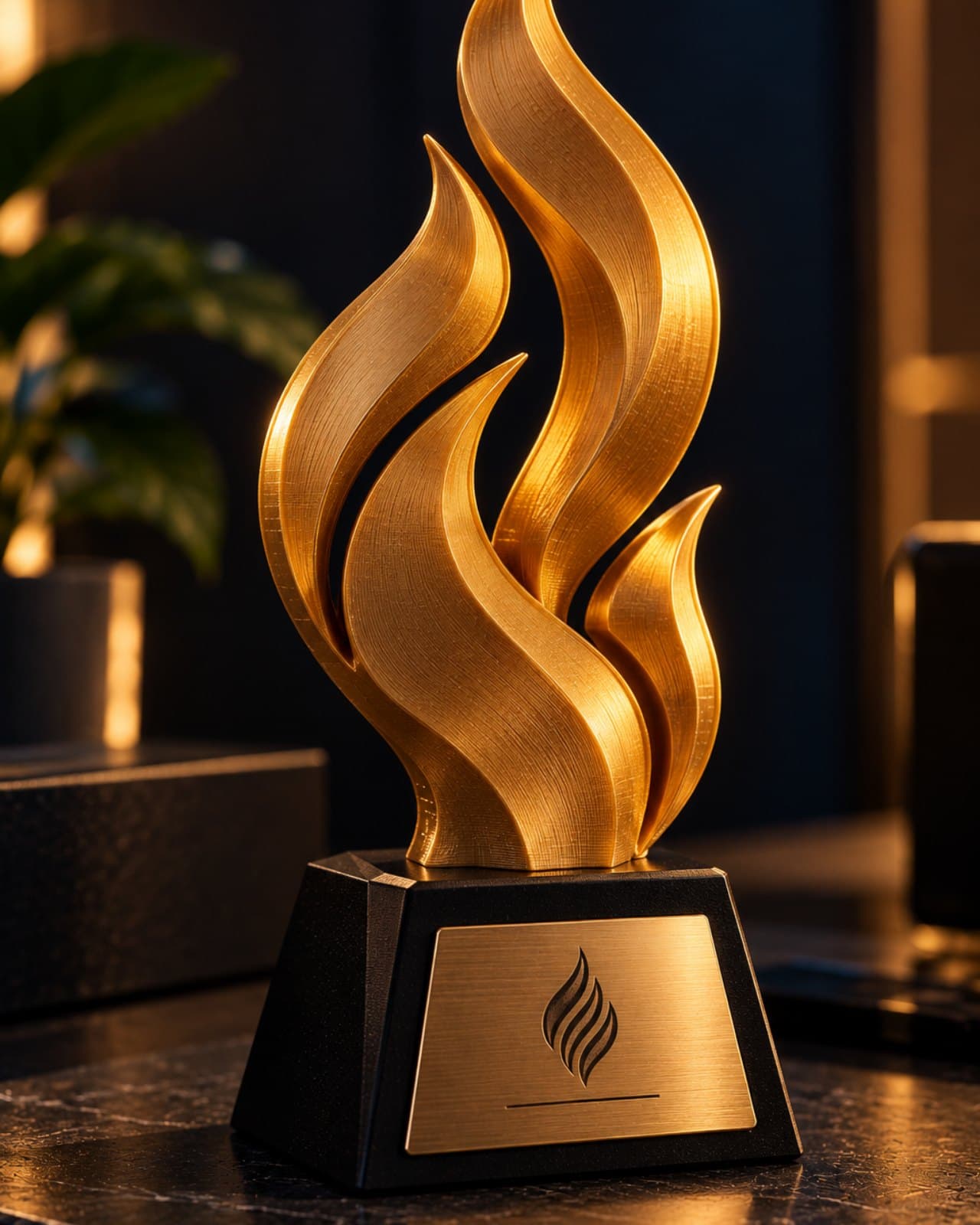 Troféu dourado impresso em 3D com base preta e plaqueta de metal gravada