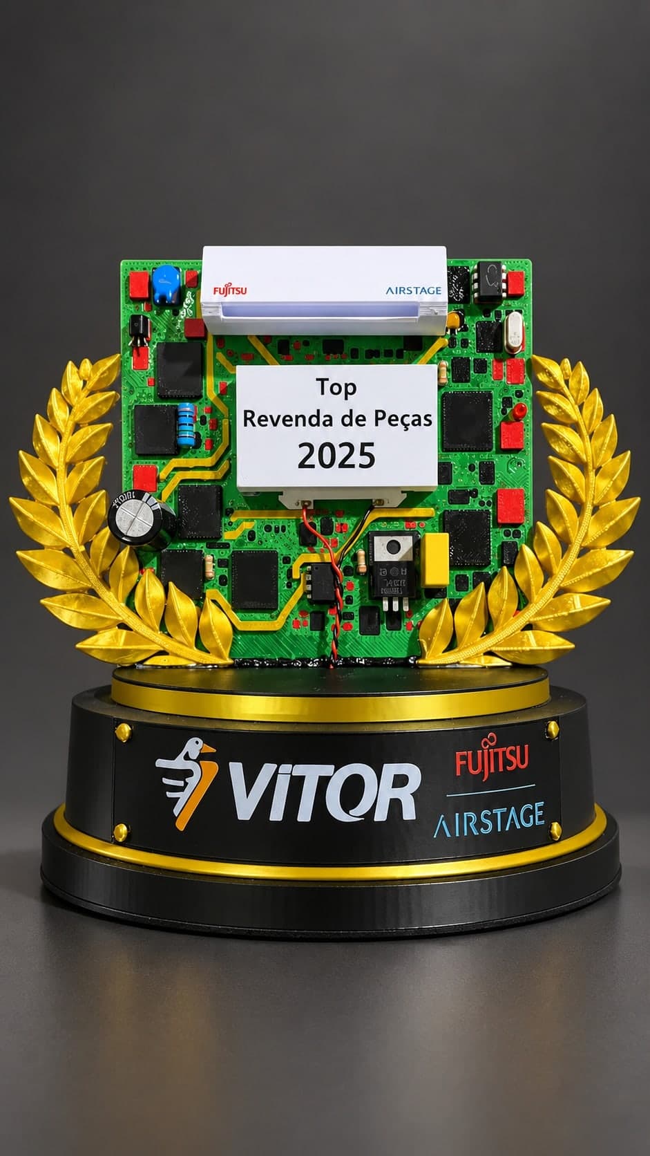 Troféu impresso em 3D em forma de placa de circuito verde com componentes eletrônicos, louros dourados e base preta com faixa dourada, segurado na mão