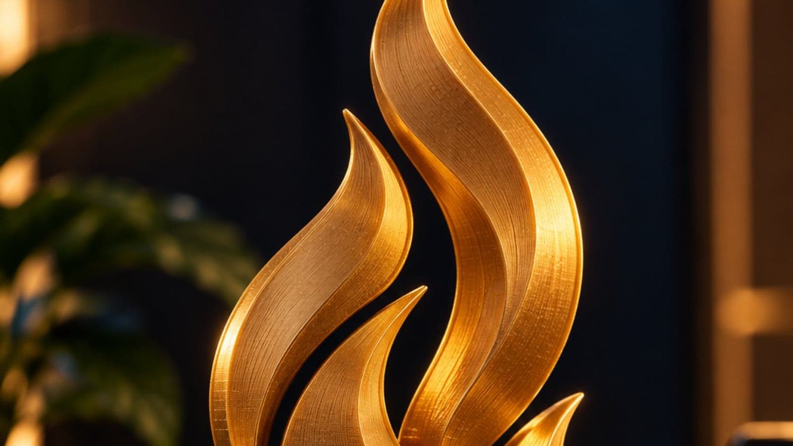 Troféu dourado em forma de chama, impresso em 3D, sobre base preta