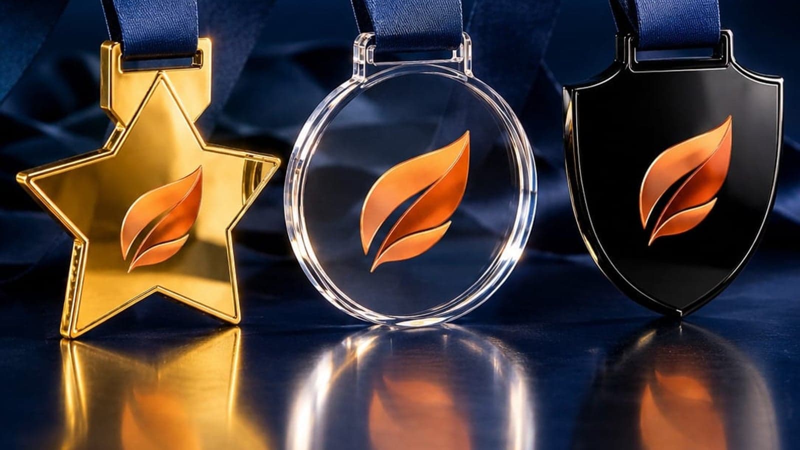 Medalhas de acrílico em formato de estrela, círculo e escudo com fita azul-marinho