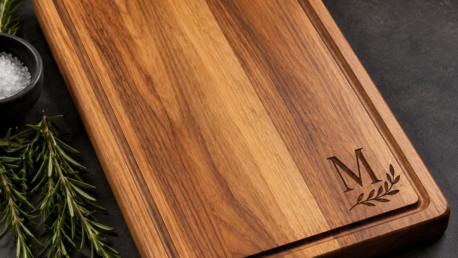 Tábua de madeira com monograma gravado a laser no canto
